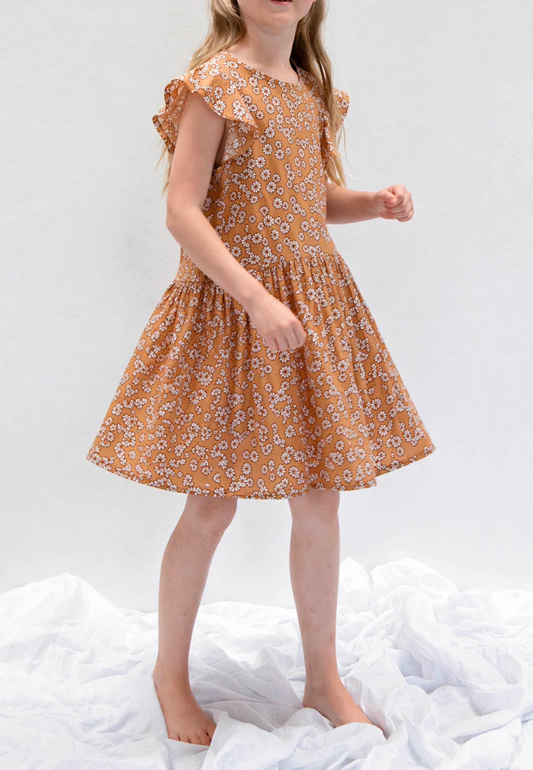 GROBUND Caroline-Kleid Mini - das in Kurkuma mit Blumen