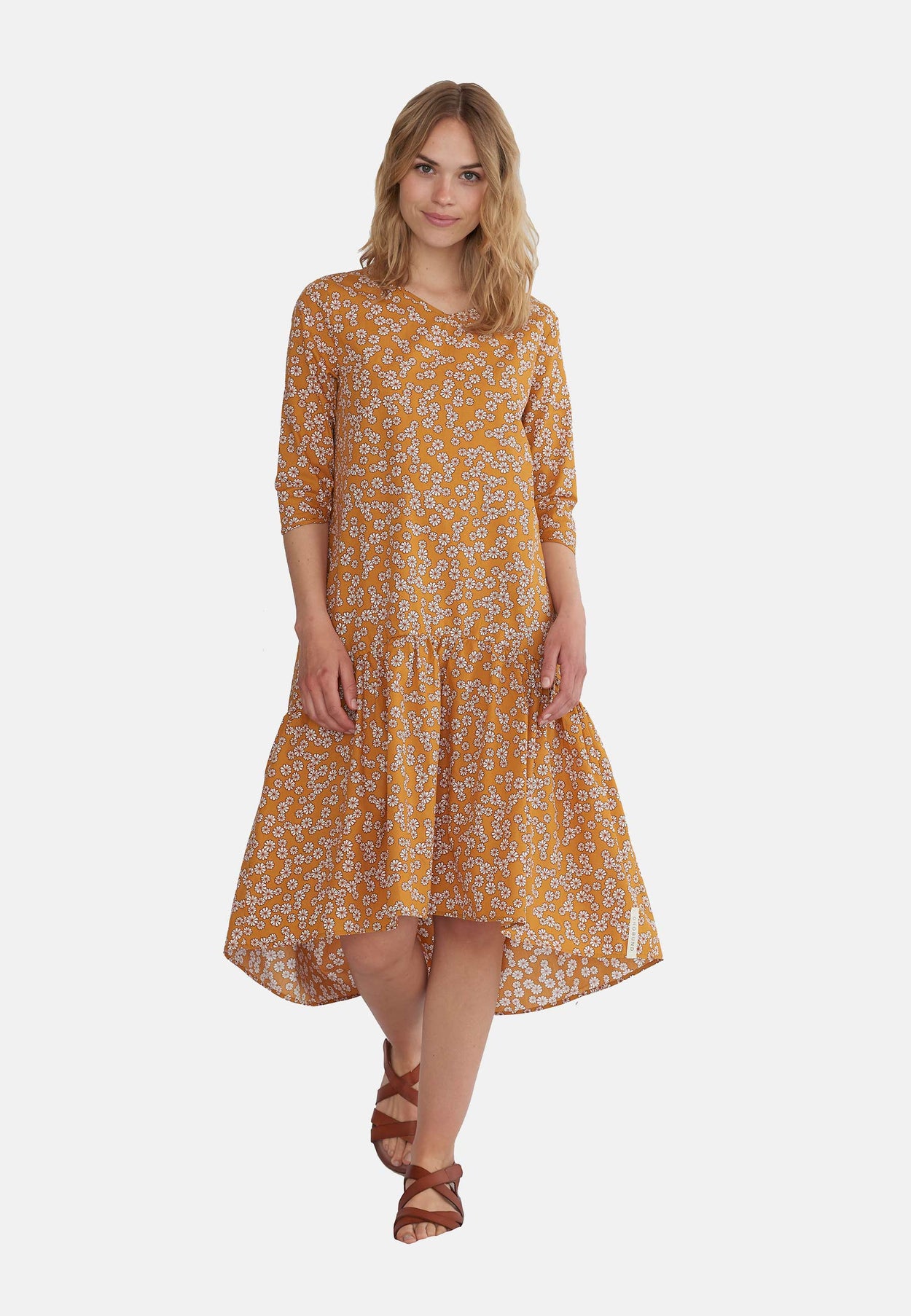 GROBUND Manilla Kleid – das Bohème in Kurkuma mit Blumen